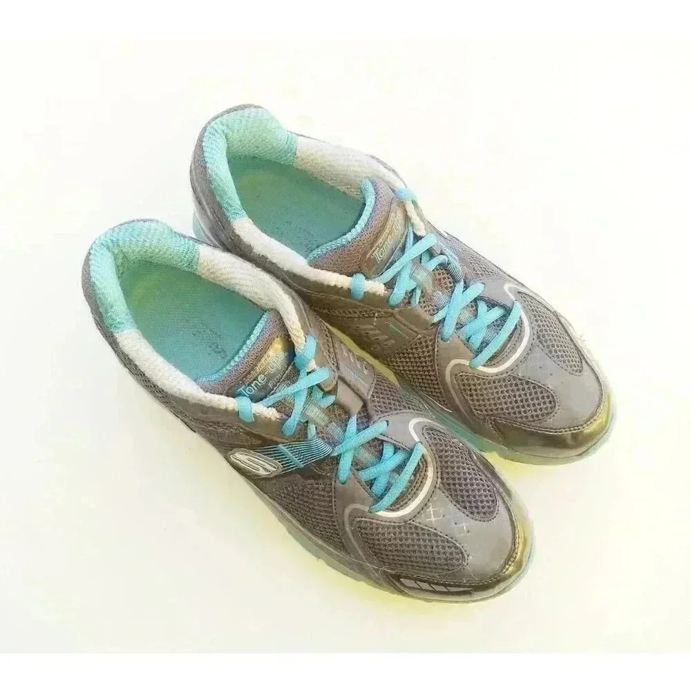 Skechers Womens Tone Ups Athletic Shoes Gray Turquoise 11751 Lace Up Low Top 10M